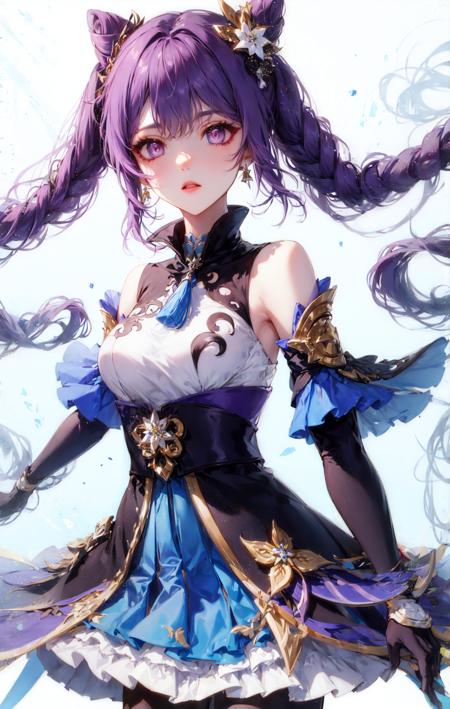 keqing (piercing thunderbolt) (genshin impact), keqing (genshin impact), pantyhose, hair bun, purple hair, gloves, twintails, long hair, purple eyes, diamond-shaped pupils, bare shoulders, hair ornament, black pantyhose, cone hair bun, detached sleeves,dress, jewelry, medium breasts, earrings, bangs, frills, purple dress, black gloves, braid, skirt,  simple background, <lora:keqingGenshinImpact3in1_v10:0.5><lora:style_TAYA:1>