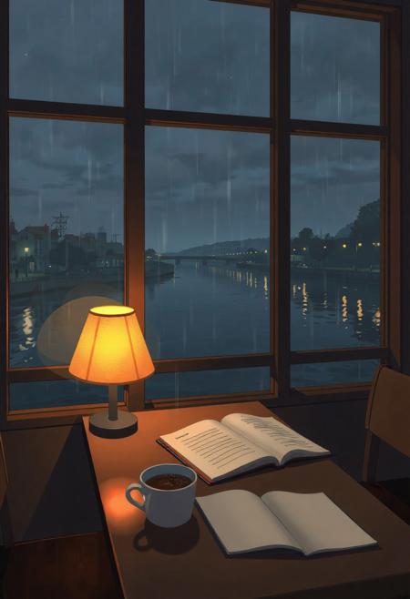 A small, empty café with large windows overlooking a calm riverside at night. Inside, only a single warm table lamp glows softly, casting reflections on the dark wooden surfaces. On one of the tables sits a half-finished cup of coffee beside an open notebook. Outside, the river flows quietly, reflecting the dim light of distant street lamps. A light mist rises from the water, and gentle rain taps against the windows. The sky is overcast, adding to the tranquil, nostalgic mood. Style: Lo-fi anime art, soft edges, warm ambient lighting, muted color palette with cool tones in the background.
