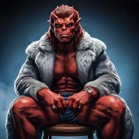 gargoyles_comic, red skin sitting on a chair, furcoat, evang, detailed face, detailed hair
