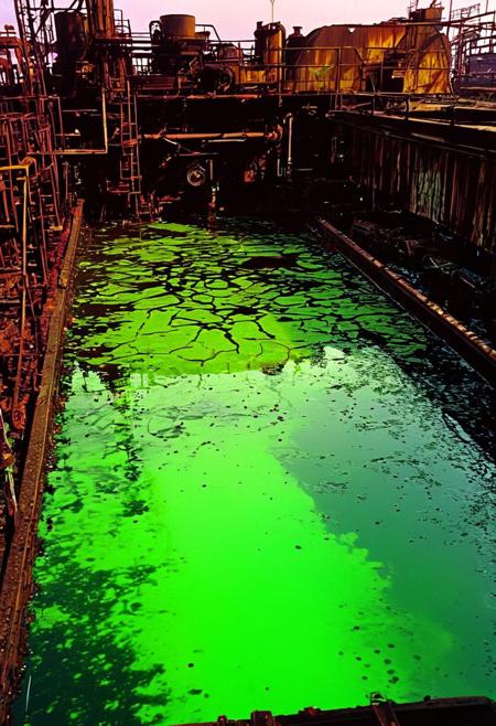 Top view of an oily industrial tank filled with oily murky green hue water. 
Decaying rusty machinery is barely visible beneath the water fully submerged Submechanophobia spooky, horror, VHS screen grab, nostalgic, old 80s found footage
silhouette ,
in the style of the decaying empire of Wrstreich, dark magic and grotesque creatures abound, inspired by Sean Aaberg's punk aesthetic, dark fantasy world combines grim landscapes with vibrant, exaggerated neon colorful art, old 80's VHS dark fantasy, VHS screen grab, grainy, old footage
