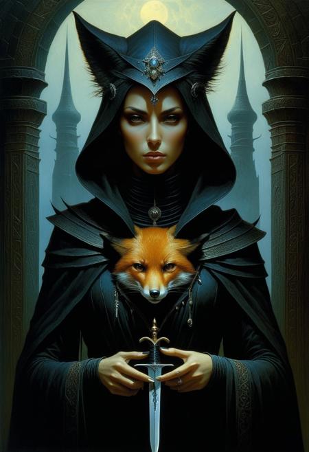 Highly detailed dark fantasy art of an female alchemist with the head of a vixen, She holds a dagger of obsidian Zdzisław Beksiński