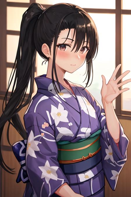 best quality, masterpiece, highres, solo, {yukata:1.40}, {kimono:1.20}, {nachi_kantaicollection:1.15}, long_hair, black_hair, side_ponytail, brown_eyes, blush, hair_between_eyes, very_long_hair, breasts