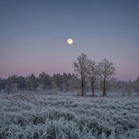 conniferous forest with low grass with heavy dew, heavy autumn frost, sky background with full moon in a cloud which makes it slightly muddled