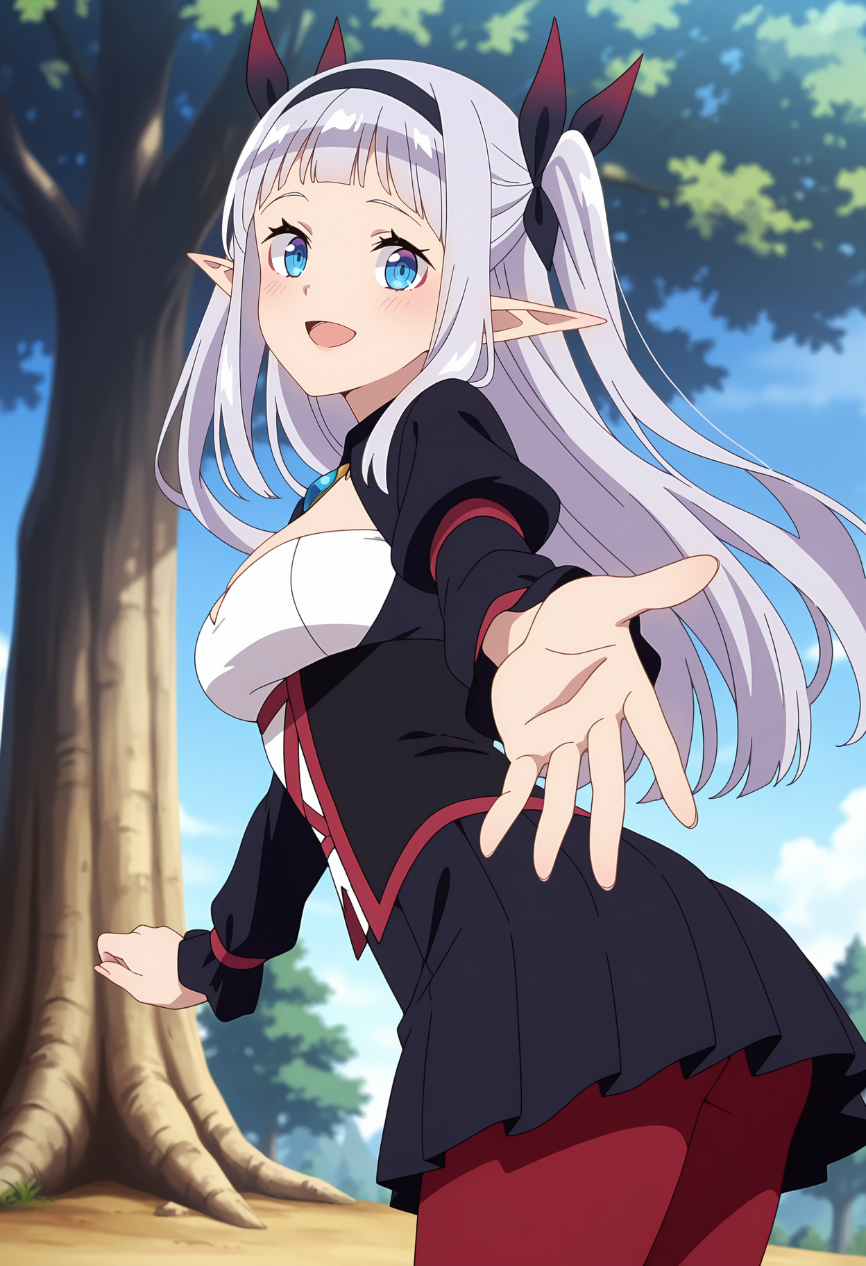 A young woman with silver hair, blue eyes, and pointed ears. She wears a black and red outfit with a short skirt, red tights, and a white top. She has a playful expression, reaching out with one hand towards the viewer. The background features a blue sky with a few clouds and a large tree trunk. 