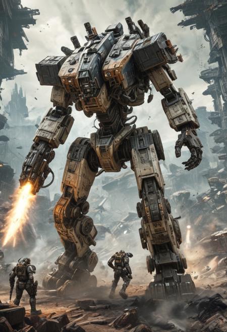 ((Best quality)), ((masterpiece)), ((realistic)), Imagine an epic and visually stunning scene from the world of Titanfall, where the battlefield is engulfed in a massive war. Towering Titans dominate the landscape, their imposing presence radiating power and strength. These colossal mechas unleash devastating firepower, their movements synchronized with the skillful pilots who command them. Explosions and gunfire fill the air, creating a chaotic yet awe-inspiring atmosphere. The attention to detail in the Titans' design and the seamless integration between pilots and machines evoke a sense of realism and immersion. This masterpiece captures the essence of Titanfall, immersing viewers in a world where the clash of Titans shapes the destiny of the battlefield a heavy mech, hard surface, hawken, sci-fi, battlefield, explosion, stray bullet, <lora:srd_v3_5d:0.8>