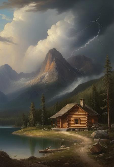 Masterpiece, high-resolution, oil painting, tall mountains, pine forest, log cabin, lake, large thunderstorm clouds in the distance