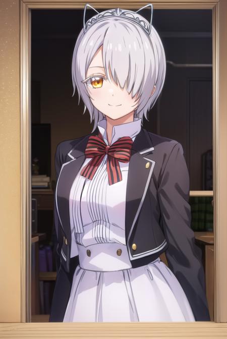 chartreuxwestia, <lora:chartreux westia s1-lora-nochekaiser:1>,
chartreux westia, short hair, bangs, (yellow eyes:1.3), grey hair, (hair over one eye:1.5), smile,
BREAK skirt, shirt, bow, school uniform, jacket, white shirt, striped, bowtie, black skirt, red bow, white jacket, tiara, striped bow,
BREAK indoors, classroom,
BREAK looking at viewer, (cowboy shot:1.5),
BREAK <lyco:GoodHands-beta2:1>, (masterpiece:1.2), best quality, high resolution, unity 8k wallpaper, (illustration:0.8), (beautiful detailed eyes:1.6), extremely detailed face, perfect lighting, extremely detailed CG, (perfect hands, perfect anatomy),