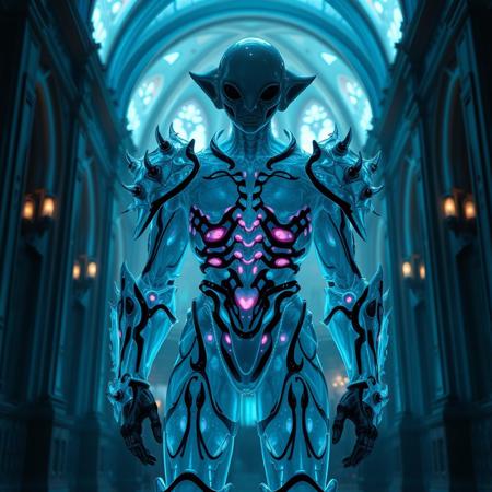 Masterpiece 5 protozoa/humanoid, bioluminescence translucent  body, with no ears and no nose, 32k, 16k, 8k, masterpiece, cinematic art, Kaiju bioluminescence translucent armor, standing inside a bioluminescence translucent cathedral,