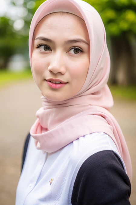 best quality, ultra high res, (photorealistic:1.4), 1girl, solo, hijab, closed mouth, white shirt, upper body, black eyes, lips, realistic (high detailed skin:1.2), 8k uhd, dslr, soft lighting, high quality, ((film grain)), Fujifilm XT3