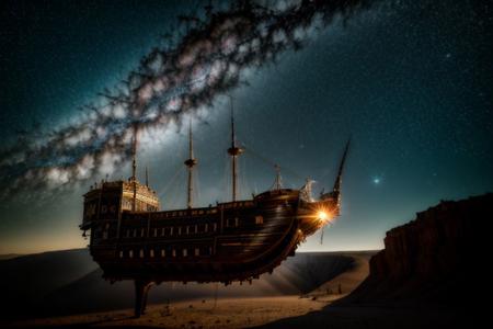 (absurdres, highres, ultra detailed), realistic style, 8k, exposure blend, medium shot, bokeh, high contrast,  low saturation,  3d render, cgi, symetrical, octane render, 35mm,  
 detailed background, milky way, nebula, moon, sun,  silver star constellations in background, backlighting,  ethereal atmosphere, extremely detailed CG unity 8k wallpaper, intricate details, (style-swirlmagic:1.0),   detailed background, close up,  detailed face, (gothic dark ages theme:1.1),  floating in the air, glowing magical shards, surrounded by blue magical crystals,  rock formations, stalactites,  magical floating particles, crystal glass,  crystal sphere, crystal canyon background, (shallow water:0.7),  epic ethereal atmosphere,   updraft, flying ship