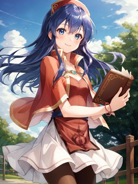 <lora:Lilina_FE-10:0.9>, lilina fe, 1girl, solo, smile, skirt, hat, dress, holding, jewelry, pantyhose, hairband, sky, bracelet, book, capelet, holding book