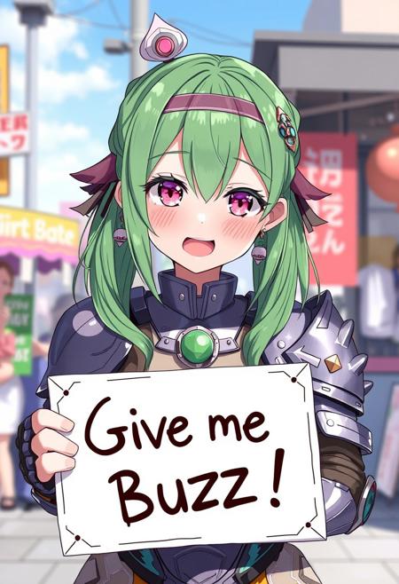 score_4,score_5,score_6,score_7_up,score_8_up,score_9 ((masterpiece,best quality,ultra detailed,highres,HD,4k:1.2)), 
1 girl,solo,face focus,
 1 girl,solo,face focus, ((human,human girl,monster girl,)) ((ironvaliantsv,human girl:1.2)), Hair between the eyes,green hair,low twintails,pink eyes,head ornament, earrings,small breast,multicolored hair, ((Gauntlet,armor)), outdoor,standing, 
(("Give me Buzz.",Beggars Borad,Holding a sign, holding a sign that says, "Give me Buzz."))
looking at viewer,open mouth,blush,happy,smile,cheerful,