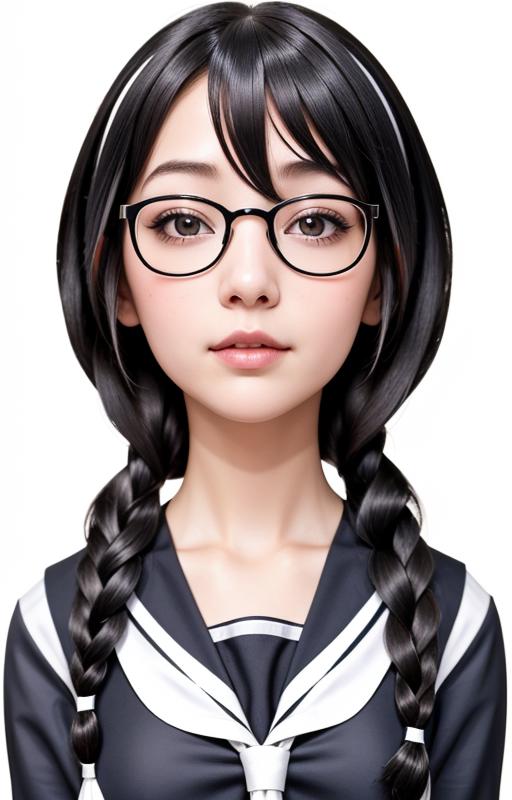 A 3D image of a girl with glasses, braided pigtails, and a black and white dress.