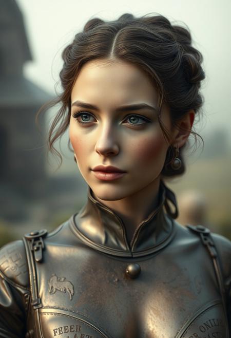 Dreamy cinematic portrait, cast bronze surface with antique patina finish. Soft light, hazy atmosphere, surreal realism. Muted color palette, soft lighting, pastoral landscapes and futuristic elements blend. Historical fantasy setting.