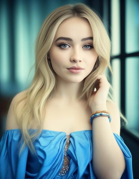 SabrinaCarpenter,<lora:SabrinaCarpenterSDXL:1>,Realistic photo of a beautiful woman, 1girl, solo, long hair, breasts, blue eyes, blonde hair, dress, jewelry, upper body, indoors, bracelet, lips, looking to the side, window, blue dress, realistic, soft lighting, professional Photography, Photorealistic, detailed, RAW, analog, sharp focus, 8k, HD, DSLR, high quality, Fujifilm XT3, film grain, award winning