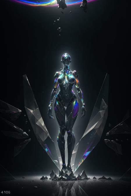 a photo of 8k ultra realistic corrupted rainbow transparent glass humanoid queen standing next to a spaceship window overlooking earth, swarm of transparent glass shards, cinematic lighting, trending on artstation, 4k, hyperrealistic, focused, extreme details, unreal engine 5, cinematic, masterpiece