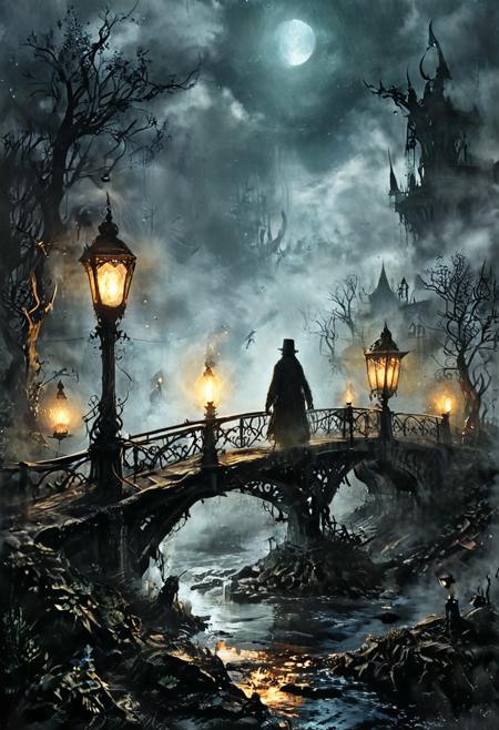 a Clockwork djinn with ornate, mystical lamps at a Gaslit bridge spanning over tranquil river, city of yharnam, bloodborne, ultra-fine digital painting