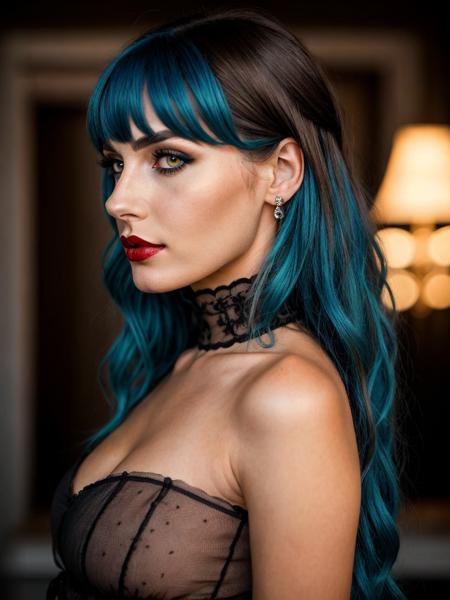 a woman with blue hair and red lipstick, beautiful symmetrical eyes, sexy girl with dark brown hair, very beautiful goth top model, inspired by Olivia de Berardinis, short brown hair with bangs, cosplay on black harley queen, human realistic face, ellora, vanessa morgan, profile picture 1024px, vibrancy,