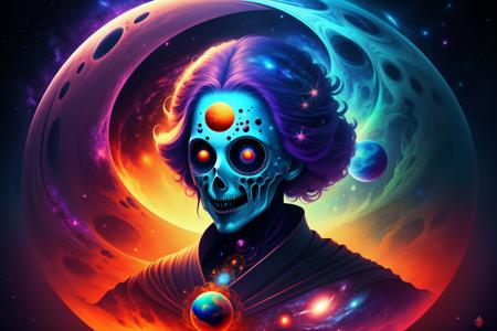 psychedelic cosmic overlord, psychedelic colors, (classic horror:1.3), fantasy space, multiple planets, fantasy galaxy, upper body, portrait, magical, masterpiece, high quality, 4k,