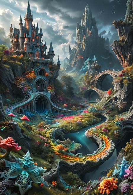 best quality, reality-shot, realism, realistic photography of a canvas with whimsical elements, magical fairytale landscape, fantasy style art, slate grey theme, intricate details, ultra sharp, exquisite detail, flawless composition, vivid colors, masterpiece, exciting background <lora:fractalex:1> fractalex