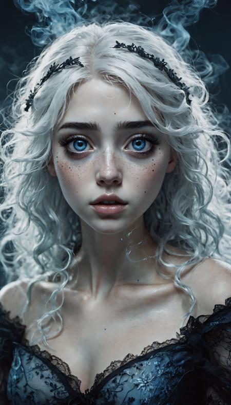 (solo:0.96), (freckles:0.91), (blue eyes:0.88), (floating hair:0.84), (white hair:0.83), (rating:sensitive:0.62), (looking at viewer:0.56), (artist name:0.51), (long hair:0.51), (lips:0.47), (messy hair:0.46), (eyelashes:0.46), (dress:0.45), (upper body:0.44), (collarbone:0.42), (rating:general:0.42), (pale skin:0.41), (watermark:0.40)