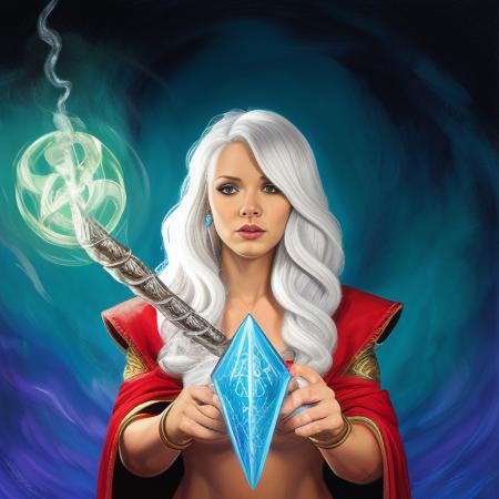 Human female Wizard, fantasy art, dungeons and dragons, white hair, portrait, painting, face and torso