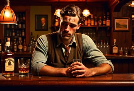 Depict a man in the 1930s sitting at a bar counter, (whiskey bottle:1.2) in hand, lost in thought. Highlight his (rugged:1.3) features, (vintage:1.2) attire, and (melancholic:1.1) expression. Surround him with (warm:1.2) bar ambiance, (soft:1.1) lighting, and (classic:1.1) decor. Inspired by the works of (Norman Rockwell:1.4)