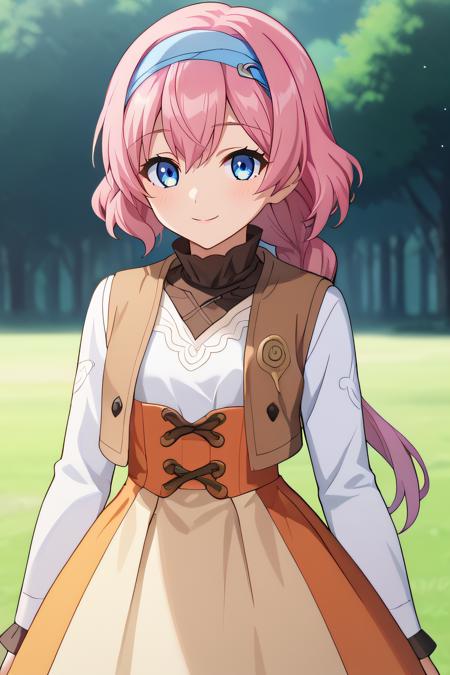 priscilla, pink hair, blue eyes, braided ponytail, low ponytail, hairband white dress, long sleeves, brown vest, open vest, orange skirt, long skirt off shoulders, orange jacket, brown dress, frilled top, cross halterneck, collarbone