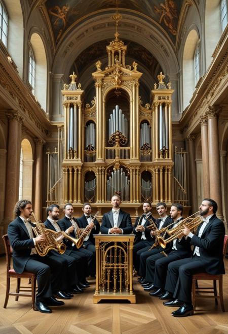 Quantum baroque orchestra made with brass pipes. Renaissance scene. Painting. Baroque. Louvre. 
Interesting palette. Harmonious composition. Striking. Intriguing. Mysterious. Cool. 
qu4ntum