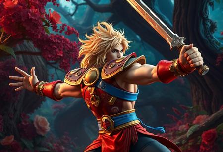 Litmus Doom Swordsman, Masters of the Universe, dynamic action pose, arms outstretched, poised for battle, in a vibrant Lost Forest background, rich floral detail. Iconic red and gold armor, blue belt, messy blonde hair, fierce expression, facing right, striking composition. Captivating lighting. Fantasy illustration, trending on ArtstationHQ, CGSociety, 4K, hyperdetailed, cinematic, Unreal Engine 5, Octane Render, beautiful matte painting, splash ink elements, Raphael & Houdini influence, dramatic colors, golden ratio.