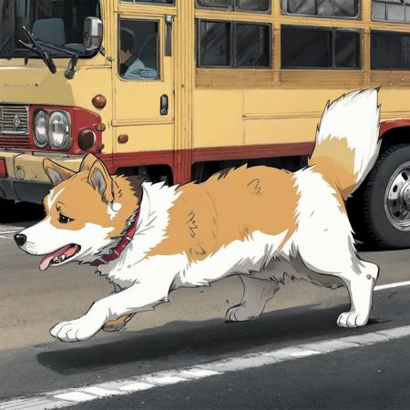 Raw,illustration,(muted color,partially colored:0.8),hand_drawn,detailed linear hatching\(texture\),official art,recolored,flat color,
1dog,corgi,running,bus,