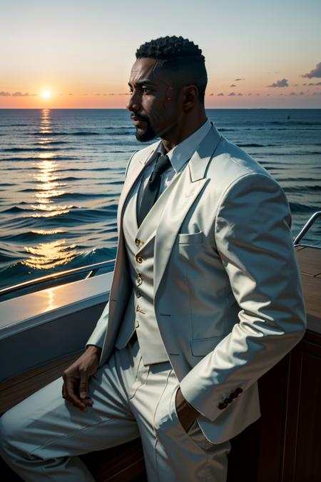 (masterpiece:1.2), (best quality:1.2), (high resolution:1.2)
<lora:epi_noiseoffset2:1>, 
 <lora:CyberReed:0.8>
CyberReed, 1boy, dark-skinned male, buzz cut, on a luxury yacht, dressed in a sharp suit, looking out at the ocean as the sun sets in the distance