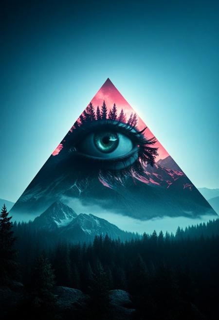 mountain, rosifex, surreal,  double exposure, dark and moody ,colored all seeing eye,film grain,high quality,  dramatic ,poster, horror story style