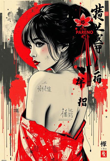 poster art. stunning beauty japanese woman. Girl poses looking back. ink, abstract, punk collage, (random textures, random graffiti, kanji characters, glitch effect:1.2). surrealism, Expressionism. Impermanence. (intricate details, masterpiece, best quality:1.1). full  body, red and black color palette. soft lighting. by Franz Marc and Max Ernst. lyh_niji.