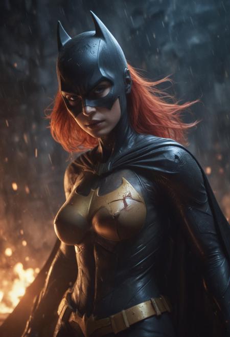 High resolution ultra-realistic of beautiful realistic Batgirl fighting against alien invasion, cinematic style, standing on a bloody and stormy battlefield in a fighting pose, bloody massacre, realistic modern combat costume, black mask, red cape, perfect athletic figure, wavy red hair, handsome dirty bloody face, beautiful perfect detailed pupils, wet oily shiny skin, covered in dirt and blood, beautiful firm Breasts, defiant and seductive, sexy 20 year old girl, 8k resolution concept art portrait by Greg Rutkowski, Dark Gotham City, realistic blue eyes, full body, Artgerm, WLOP, Alphonse Mucha, dynamic lighting, hyperdetailed, intricately detailed, Splash art trending on Artstation triadic colors, Unreal Engine, 5 volumetric lighting, Cinematic Lighting, intricate, smooth, sharp focus digital painting, Asymmetrical Balance, painting, dynamic lighting
