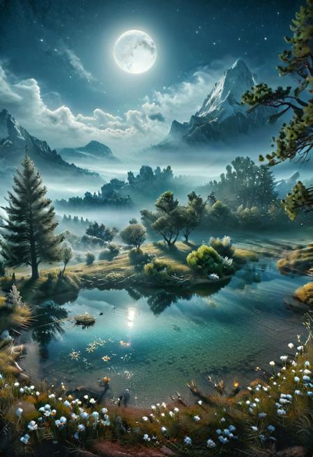 masterpiece, best quality, ultra-detailed, realistic, 8k,  lakes, meadows, glitter, moonlight, one pine tree, a couple of deer on very distant, Crystal landscape, Crystal flowers, Crystal fantastic, out-of-this-world scenery, masterpiece, best quality, ultra-detailed, realistic, 8k, lifelike naturalism, greatest naturalism photo, immaculate detailed realism photography, rich colors, best colors composition, intrigue nature panorama, delicate nature photo, immaculate micro-details nature elements, lakes, meadows, glitter, moonlight, Crystal landscape, Crystal flowers, Crystal fantastic, out-of-this-world scenery, prettiest, breathtaking beautiful, perfect compositions, perfect proportion, super delicate, surreal, insanely lifelike, top best naturalism photography, greatest detailed, intricate details, depth of field, more emphasize more, more highlight,