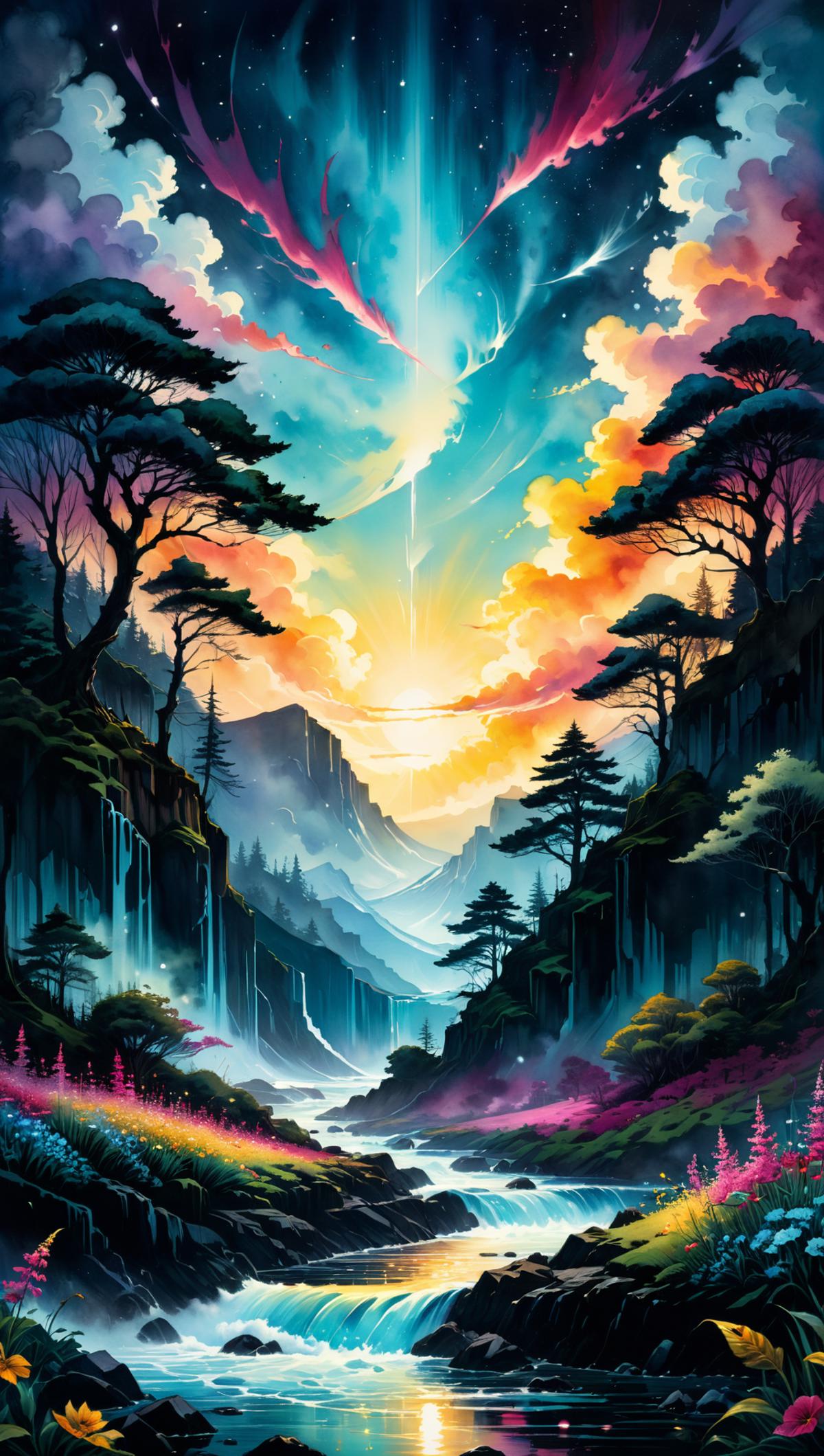 A breathtaking landscape painting with trees, mountains, and sunlight streaming through the clouds