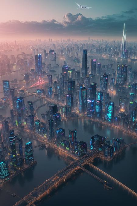 a futuristic cityscape inspired by Yokohama, ultra-detailed skyline at golden hour, glowing neon lights, advanced architecture with flying vehicles, deep perspective, reflections in water, cinematic lighting, ambient fog, hyper-realistic, symmetrical composition, 4K quality