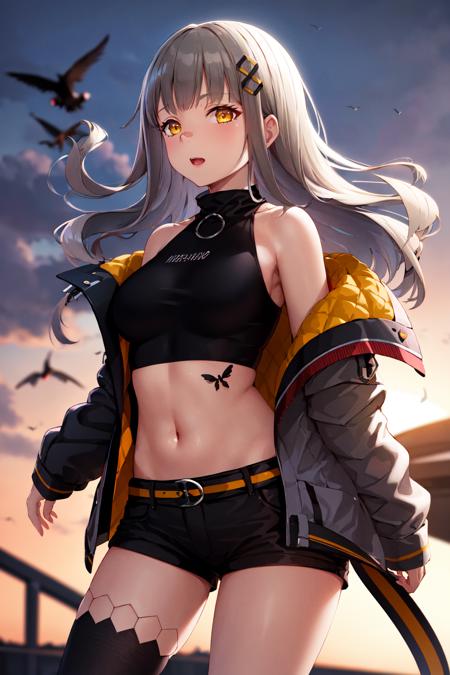 masterpiece, best quality, highres, 1girl, solo, shorts, virtual youtuber, yellow eyes, single thighhigh, thighhighs, long hair, navel, jacket, midriff, grey hair, crop top, off shoulder, black shorts, breasts, hair ornament, black shirt, black thighhighs, short shorts, shirt, belt, open clothes, bangs, bare shoulders, black jacket, medium breasts, sleeveless, <lora:hachi_(original)_v1:0.6>