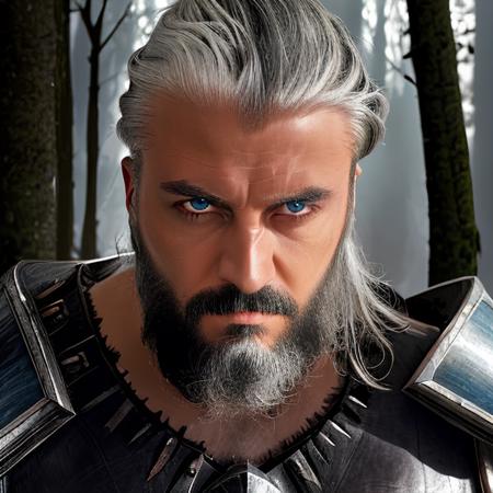 (((smhcgty))), (((hyperrealistic face))), award winning waist up photo of a fantasy warrior, wearing torn black leather armor, tarnished and scratched silver pauldrons, worn leather gloves, bright blue eyes, dense forest in background, dark, ominous, foggy, high contrast, shiny skin, soft lighting, backlighting, bloom, light sparkles, chromatic aberration, sharp focus