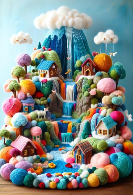 A floating island in the sky, crafted from colorful yarn and fabric, waterfalls made of unraveling threads cascading down, fluffy knitted clouds surrounding the island â yrnwrld, whimsical, dreamlike, ultra-detailed <lora:sd_xl_dpo_lora_v1:0.1> <lora:MJ52:0.1> <lora:Yarnworld-000017:1.0>