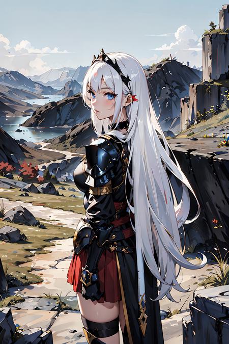 perfect eyes, (masterpiece), 1girl, (girl focus), best quality, perfect face, white hair, very long hair, facing away from viewer, standing, black tiara, ((black armor)), black choker, medium breasts, black desert, lavalake, lavafall, crumbling rocks, black cobblestone, withered flowers, 1 girl with sword stares into the distance next to a hellish landscape