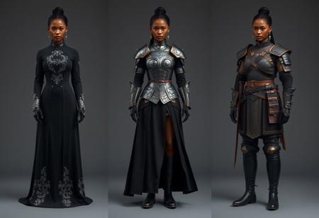 The image represents three variants of women's clothing, presumably uniforms or costumes for a chinese epic fantasy film.
On the left: A formal uniform - a long black-colored dress with silver embroidery and decorative elements.
In the center: An elite uniform - a combination of armor (cuirass, bracers) with an black skirt that opens one leg.
On the right: The armor of an Elite warrior is a combination of a vest, shirt, trousers and high boots, complemented by belts, a bag and gloves.
All three clothing options are shown on the same female figure with the same hairstyle. She is african. There is no interaction between objects, no actions take place. Context is the presentation of various costume options, perhaps for a , movie. Photography studio style