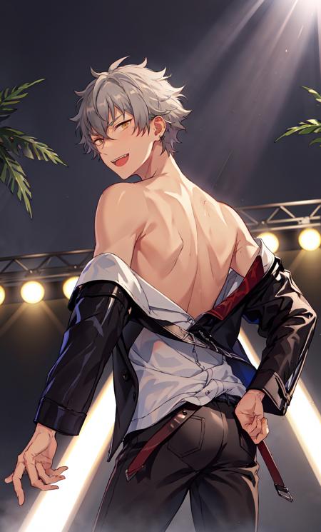 <lora:koga:0.6>,1boy, gold eyes,detailed eyes,:d, teeth, looking back, back, undressing, pants, from behind, looking at viewer, off shoulder,male focus,stage, stage lights, singing,night background, lapels,ray tracing,(god rays),plants,lapels,ray tracing,(god rays)