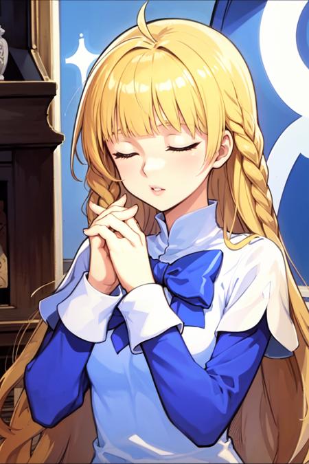 masterpiece, best quality,1girl, eyes closed, clasping own hands together, praying, (upper body, closeup:1.5), parted lips, lips, ruins, shrine, holy, <lora:TalesWeaver_TichielJuspian_v1-000168:0.9>, blonde hair, blunt bangs, ahoge, twin braids, (very long hair:1.5), (white dress over blue dress, blue hem:1.1), white cuffs, long sleeves, short over long sleeves, blue bow,