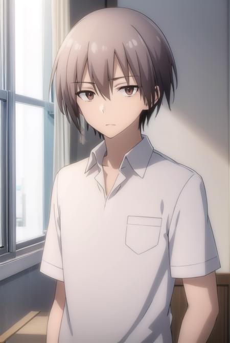 ayumuaikawa, <lora:ayumu aikawa s2-lora-nochekaiser:1>,
ayumu aikawa, short hair, grey hair, (brown eyes:1.3), male focus,
BREAK short hair, shirt, white shirt, collared shirt, pants,
BREAK indoors, classroom,
BREAK looking at viewer, (cowboy shot:1.5),
BREAK <lyco:GoodHands-beta2:1>, (masterpiece:1.2), best quality, high resolution, unity 8k wallpaper, (illustration:0.8), (beautiful detailed eyes:1.6), extremely detailed face, perfect lighting, extremely detailed CG, (perfect hands, perfect anatomy),