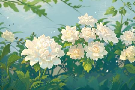 flower, no humans, yellow flower, still life, blue sky, blue background, sky, white flower, light particles, day, outdoors, scenery, simple background, signature (illustration:1.0), masterpiece, best quality    <lora:floweras_20231016212448:0.8>