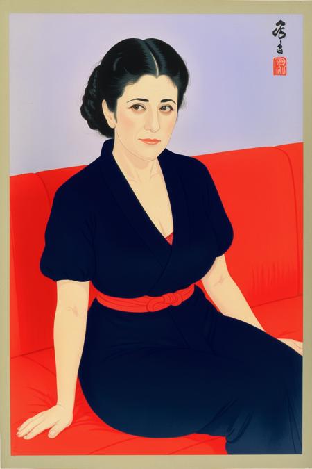 A woodblock print of Elaine Benes, sitting on Jerry's couch, shin hanga style <lora:Shin_Hanga_sd1.5_v1:1.1>