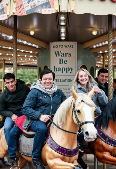 Group of people, men and women, in an amusement park, on a horse carousel, all seated on the horses, very smiley individuals with a sign that says no to wars, be happy.