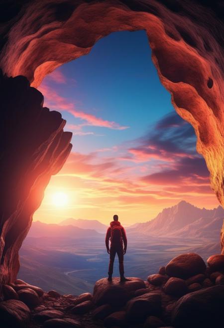 photograph Dramatic View of Adventurous Man standing inside a rocky and rugged cave looking over the Mountain Landscape. 3d Rendering. Colorful Sunrise Sky. Adventure Concept Artwork